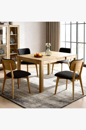 Ausziehbarer Esstisch Eiche 120x80 + 4 schwarze Ledersessel